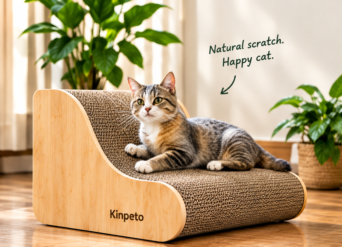 Tabby cat resting on a modern wooden cat scratcher with corrugated cardboard.