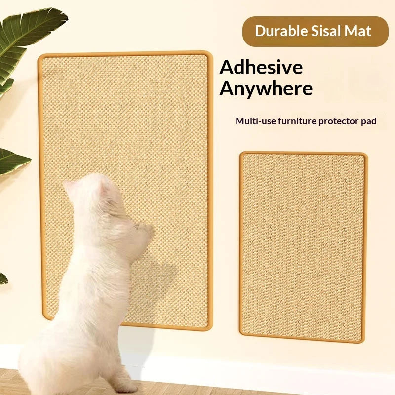 Two beige sisal furniture protector mats with tan borders are shown on a light wall, with a white cat standing beside the larger mat. Text reads 'Durable Sisal Mat', 'Adhesive Anywhere', and 'Multi-use furniture protector pad'.