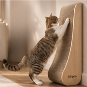 Tabby cat scratching a curved wooden cat scratcher on a wooden floor.