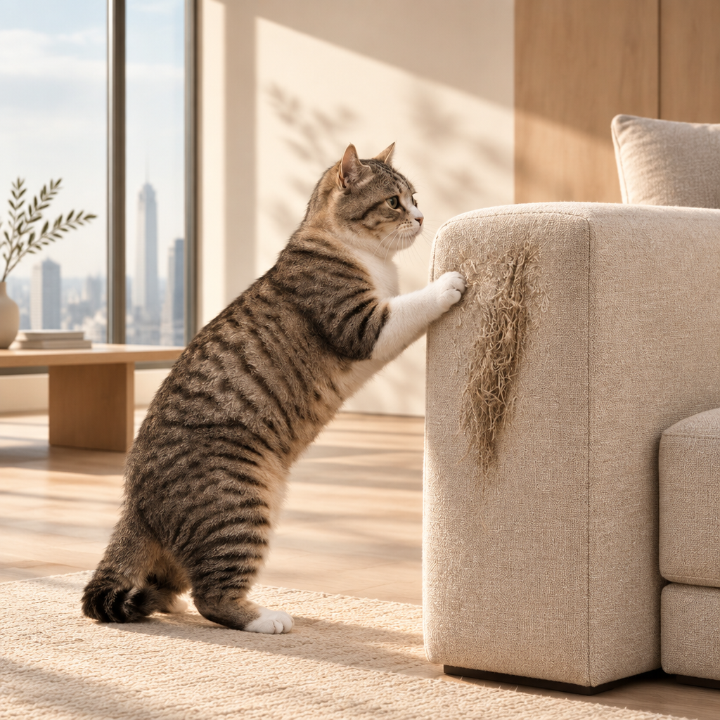 A tabby cat scratching a beige fabric sofa upholstery.