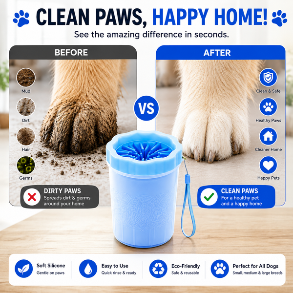 A dog paw cleaner product shown on a light wood surface with a blue and white plastic container and a blue wrist strap. The image includes before/after paw photos, text benefits, and feature icons promoting soft silicone, easy use, eco-friendly design, and suitability for all dogs.