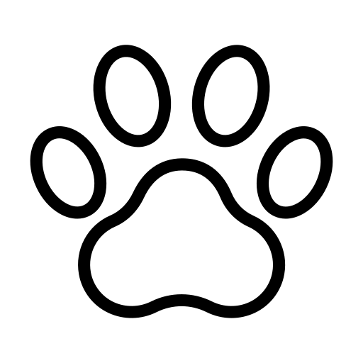 Black line art icon of a pet paw print on a white background.