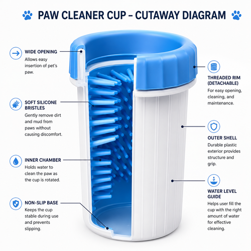 Blue and white paw cleaner cup cutaway diagram with callout labels explaining features like wide opening, soft silicone bristles, inner chamber, threaded rim, outer shell, and water level guide.
