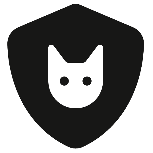 Black shield icon featuring a white minimalist cat face silhouette.
