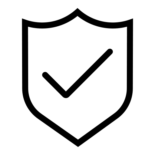 Shield icon with a checkmark symbol representing product quality and safety guarantee.